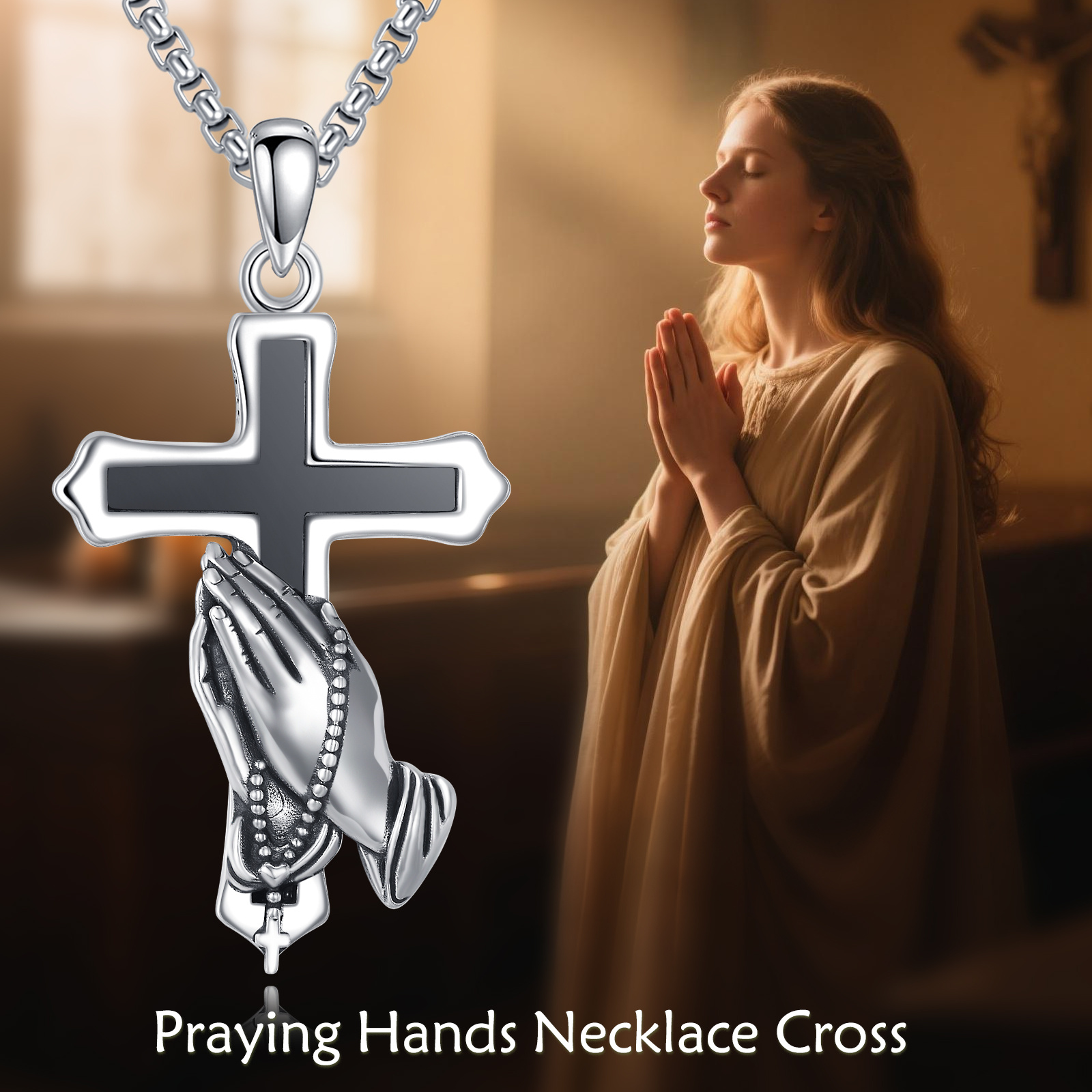925 Sterling Silver Praying Hands Necklace with Cross